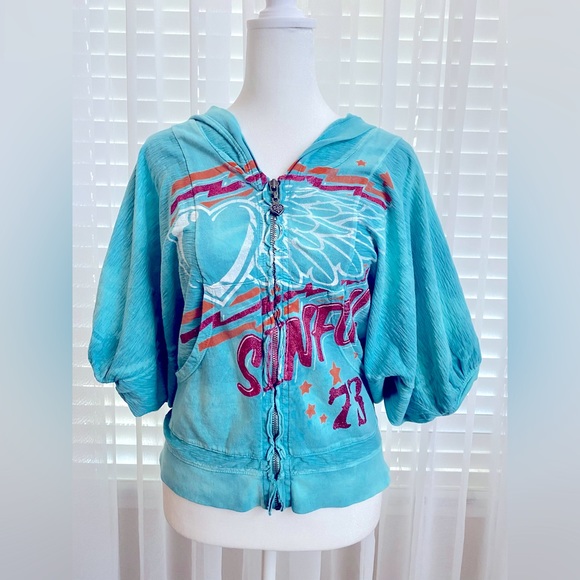 NWOT SINFUL by AFFLICTION ZIP UP HOODIE BUBBLE HALF SLEEVES CASUAL BLUE SZ SMALL - Picture 1 of 6